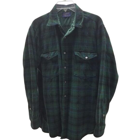 Vintage Pendleton Wool Plaid Shirt Jacket Green Black Size 16.5 - Picture 1 of 3